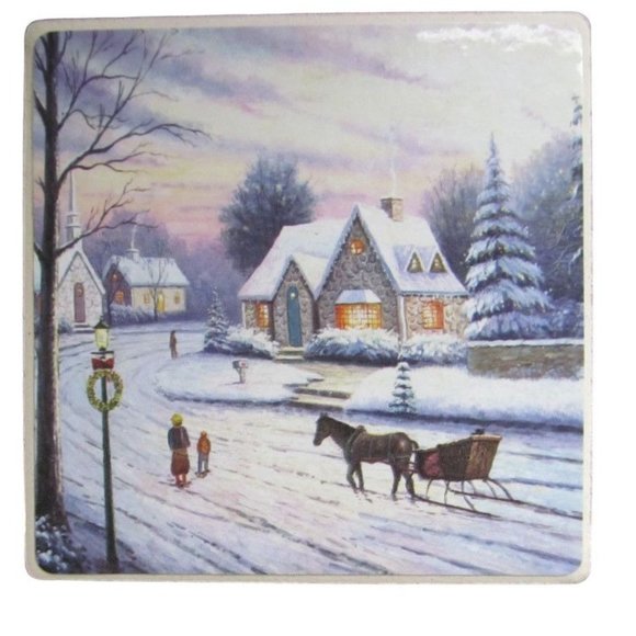 Winter Scene Ceramic Coasters with Wire Holder Set of 4 - Picture 1 of 7